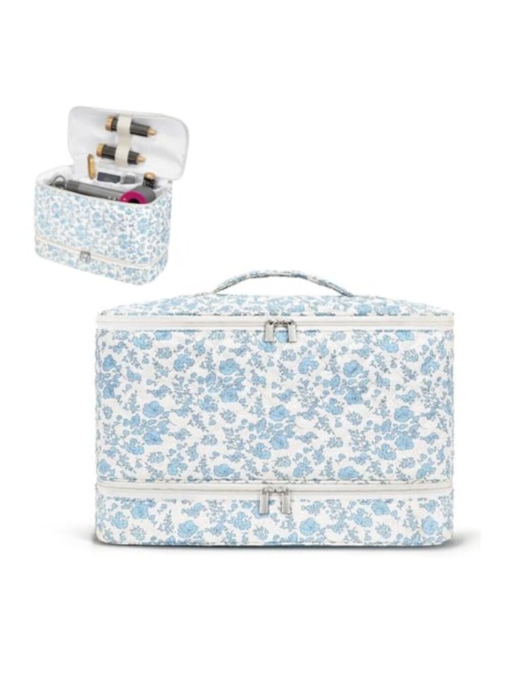 Double Layer Hair Tool Travel Bag Quilted Floral Case